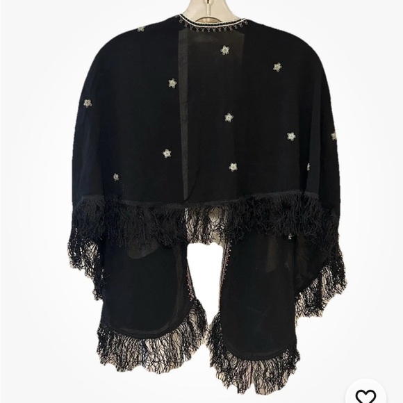 Vintage 1970s Black Embroidered Fringe Shawl Draped Wrap - Picture 2 of 7
